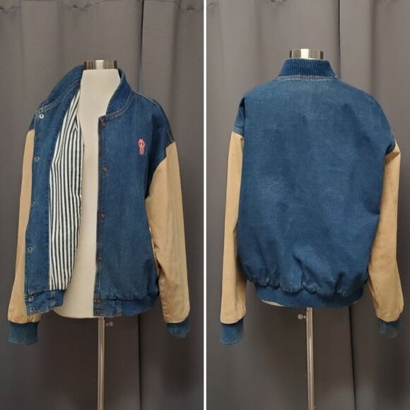 Vintage Kenworth Truck Two Tone Denim Railroad Striped Liner Varsity Bomber Coat - Picture 2 of 9